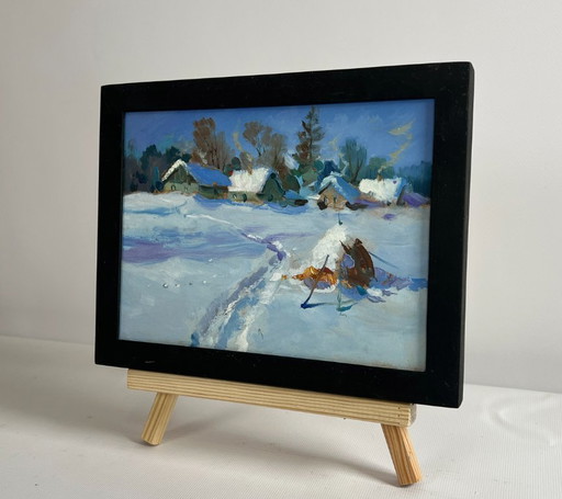 Original Oil Painting Winter Village Landscape Snowy path to the village