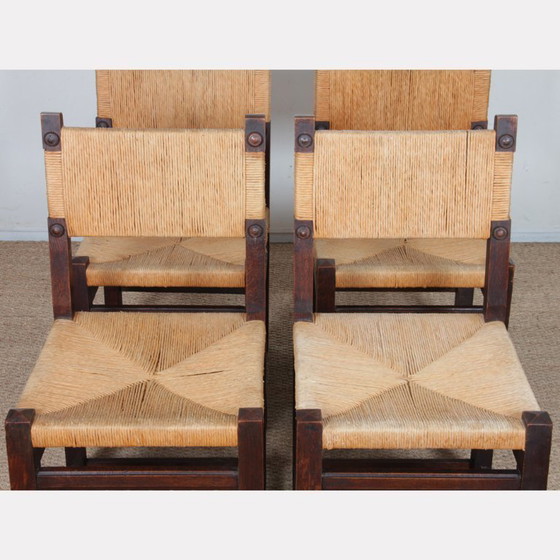 Image 1 of Set of 4 straw-seated chairs in solid oak, 1950