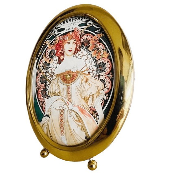 Image 1 of Dipinto vintage Art Nouveau di Alphonse Mucha Champenois Hallmark cornice ovale in ottone degli anni '60