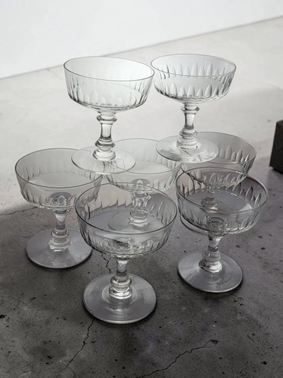 7 Kristall-Champagnercoupes aus den 1950er Jahren – Gläser & Karaffe, Crystal, Glass, Art Deco (photo 2 of 11)