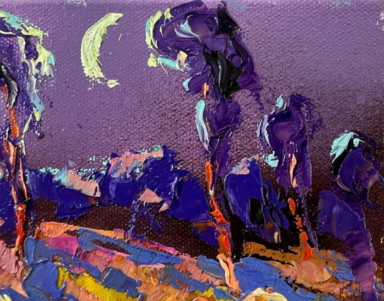Image 1 of Original Oil Painting Fall Nature Landscape Blue Autumn Night