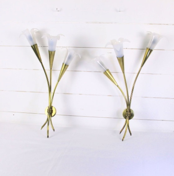 Image 1 of Mid-Century Mid-Century Messing & Lucite Blumen-Wandlampen, Maison Jansen, Frankreich Stephan M. Art Design Desire