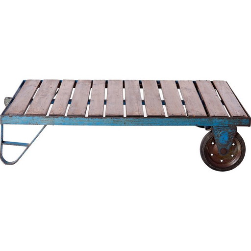 Table basse vintage en métal bleu et bois, Tchécoslovaquie 1950