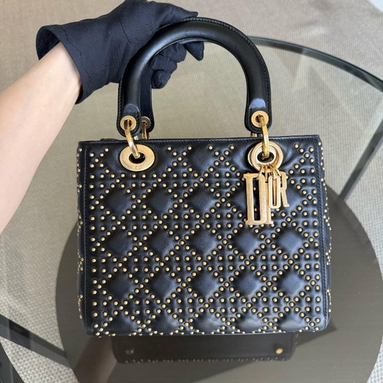 Image 1 of DIOR LADY MEDIUM FLAP - MET STUDS, CANNAGE-PATROON, ZWART, GOUDEN BESLAG