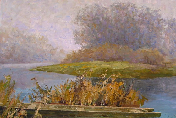 Original Ölgemälde Naturlandschaft Boot Fluss Morgennebel – Gemälde & Zeichnungen, Canvas (photo 7 of 8)