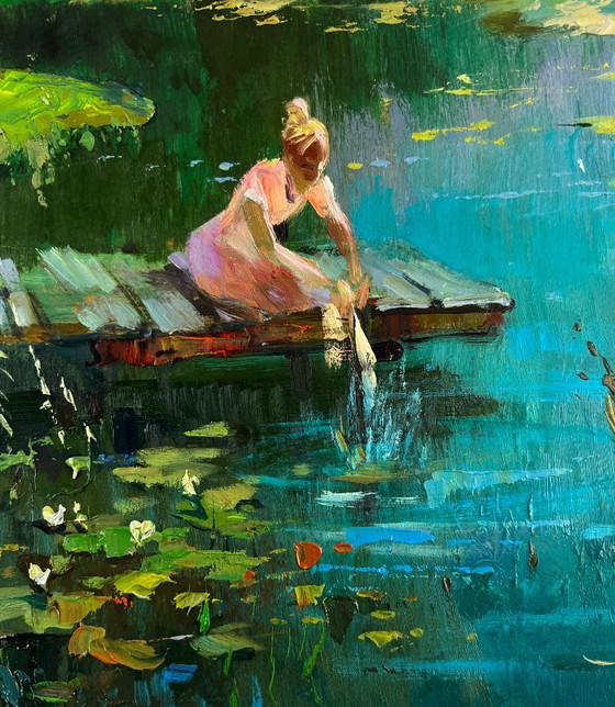Image 1 of Original Oil Painting Summer River Landscape A girl washes herself at a pond