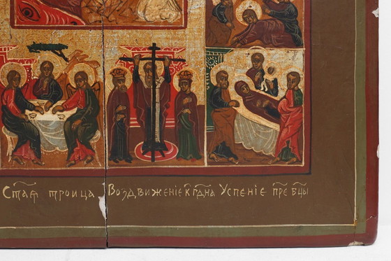 Image 1 of 19th-Century Russian Religious Icon of the Twelve Great Feasts, Hand-Painted on Wood