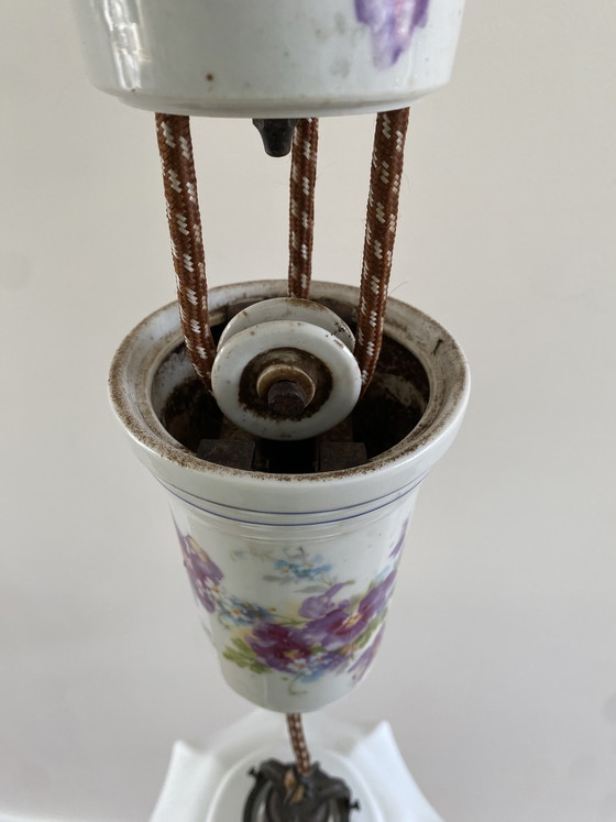 Image 1 of Art Deco - Opaline - messing - hanglamp - pendellamp met katrol - 1e kwart 20e eeuw