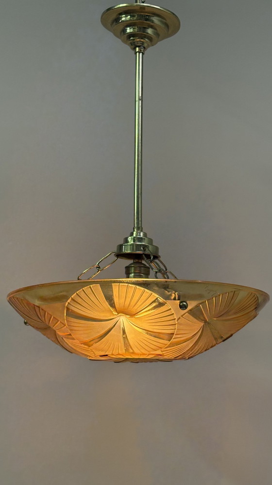 Image 1 of Hubens & Degué ceiling lamp chandelier Art Deco amber colored glass