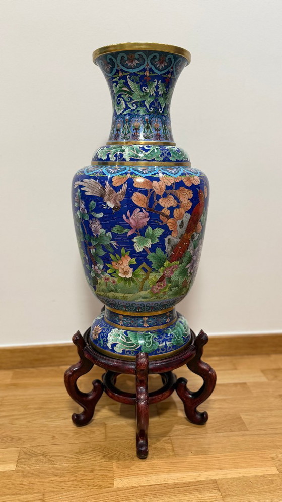 Image 1 of Monumental Chinese Cloisonné Vase - 84 cm With Base - Jingtai Blue Enamel - Impeccable