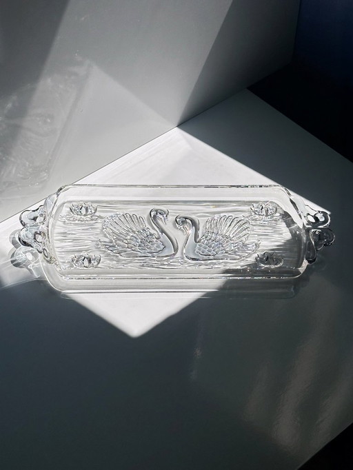 Vintage Art Deco Revival glass cake plate swan 80s Walther glass crystal plate