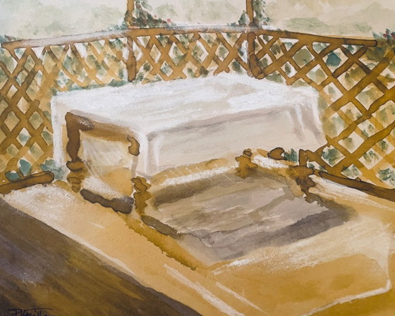 Image 1 of Watercolor painting signed "Provençal table under the arbor"
