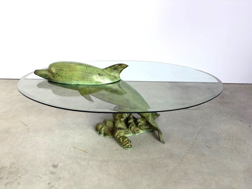 Table basse dauphin en laiton, années 1970 - France – salontafels, Glass, Brass (photo 2 of 13)