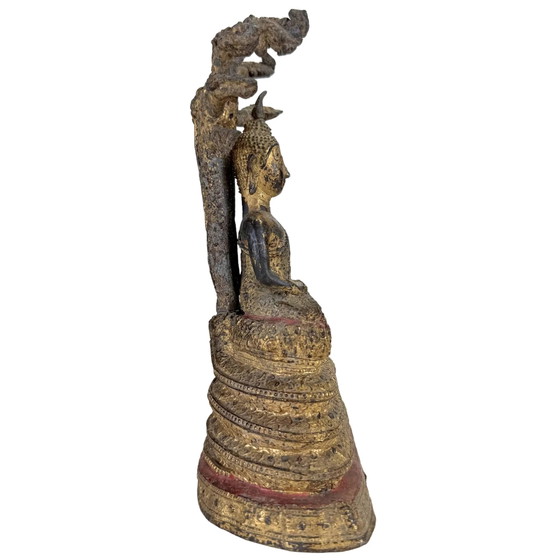 Statue antique dorée de Bouddha Naga Thaï – Protection Muchalinda – 19 cm – Sculptures, Bronze, Brass (photo 4 of 10)