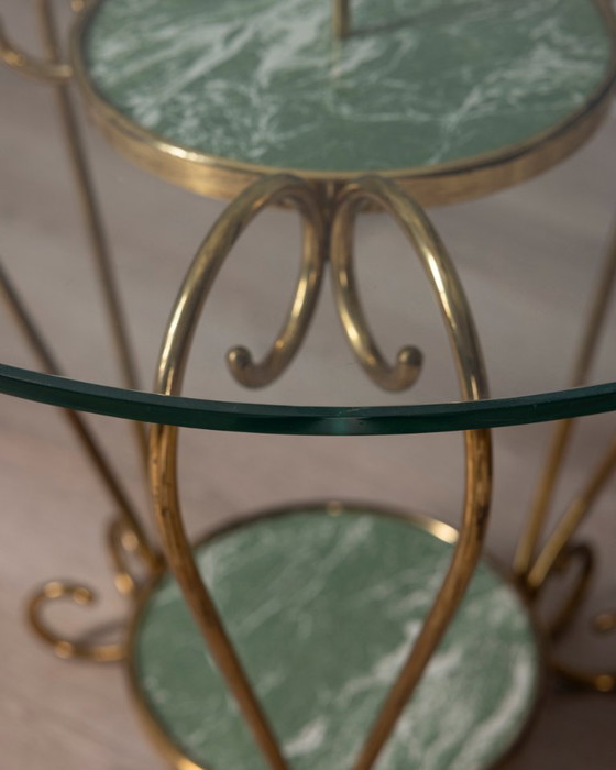 Vintage 1950s Italian-designed gold-plated brass and glass coffee table, Side tables, Green (photo 11 of 12)