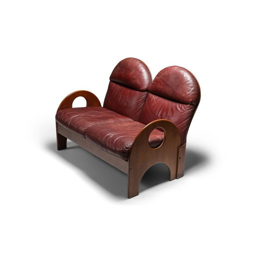 Vintage Gae Aulenti 'Arcata' Love Seat in Walnut and Burgundy Leather 1968