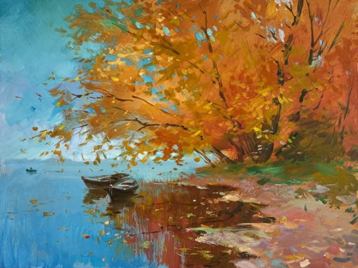 Peinture à l'huile originale, paysage côtier d'automne. Le bruissement des feuilles d'automne sur la rivière.
