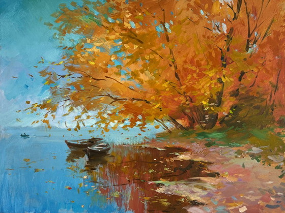 Image 1 of Original Oil Painting Autumn Coastal Landscape The whisper of autumn leaves over the river