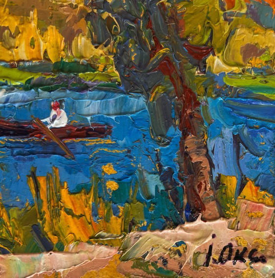 Image 1 of Original Oil Painting Autumn River Landscape Early autumn fishing