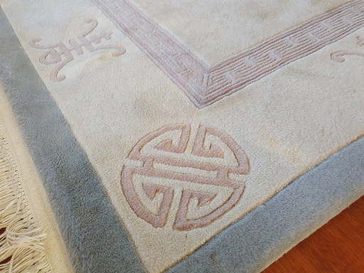 Vintage Chinesischer/Orientalischer Teppich 190cm x 290cm, beige und cremefarbener chinesischer Art-Deco-Teppich, schlichtes Des