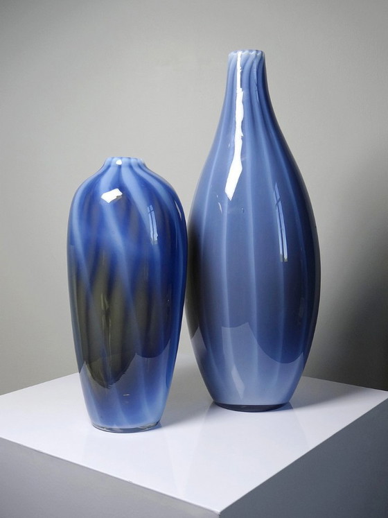 Image 1 of Pair of vintage Murano glass vases in smoked glass lined with opaline glass, soap bubble design