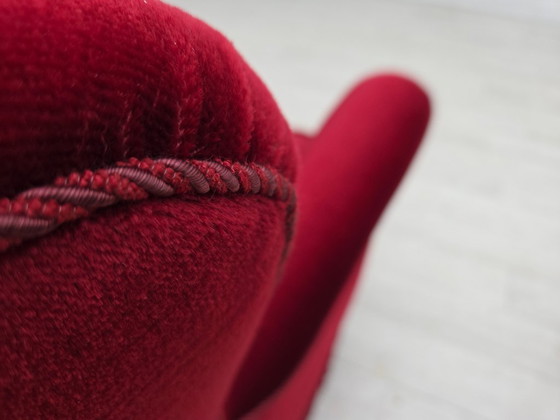 Image 1 of 1960s, Danish 3-seater curved sofa, red furniture velour.