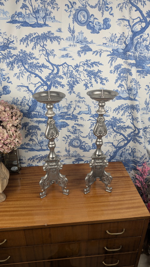 Pair of Pique Cierges in Pewter with Rocaille decoration, Louis XV style, 19th century
