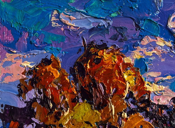 Image 1 of Original Oil Painting Evening Church Landscape Autumn breeze in the forest