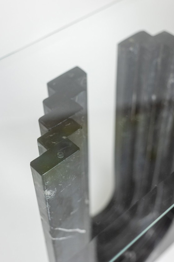 Image 1 of Pair of marble and glass top console tables. 1980s.