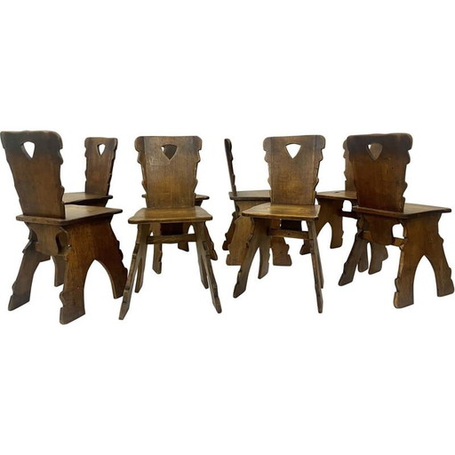 Set of 8 vintage brutalist oak chairs, 1940s
