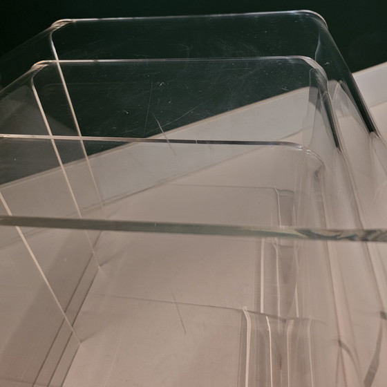 Image 1 of Set Of 3 Vintage Plexiglass Side Tables: Translucent Curved Acrylic Glass Tables, Perspex, Transparent, Mid - Century, Space Age