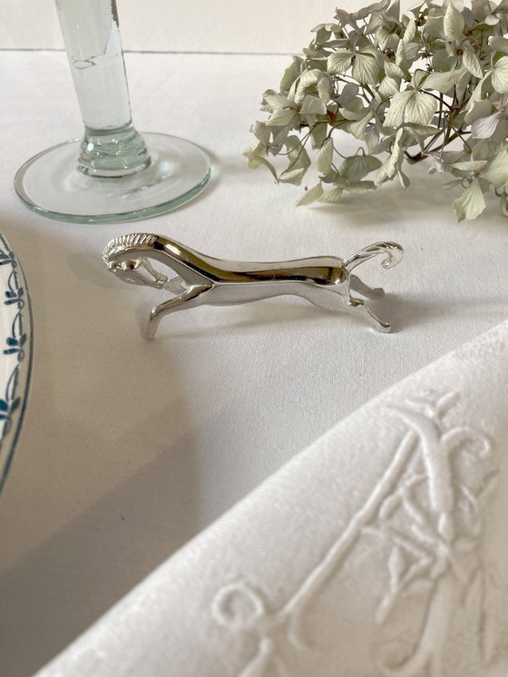 Image 1 of Six silver-plated metal knife rests in the shape of horses. 1960s