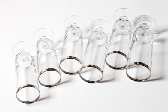 Image 1 of Set van 6 vintage Italiaanse heldere wijnglazen met zilveren rand, mid-century stijl / jaren 1950