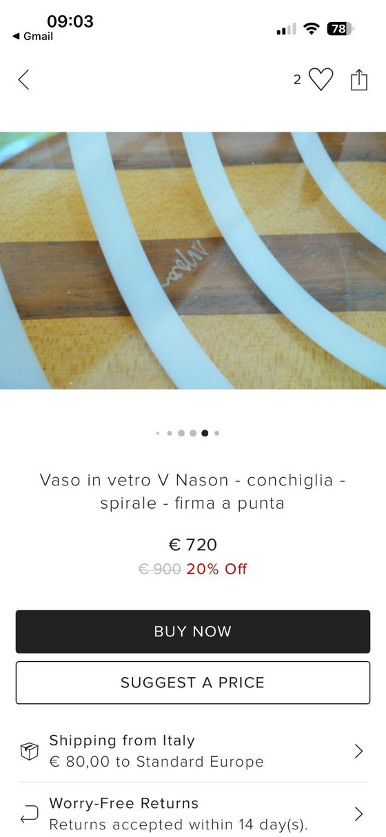 Image 1 of Murano design bowl / shell shape – spiral – V. Nason & C. Italy