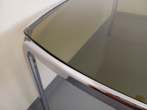 Image 1 of Incurved Rectangular Dining Table in Smoked Glass and Chrome Metal 70's Space Age Style