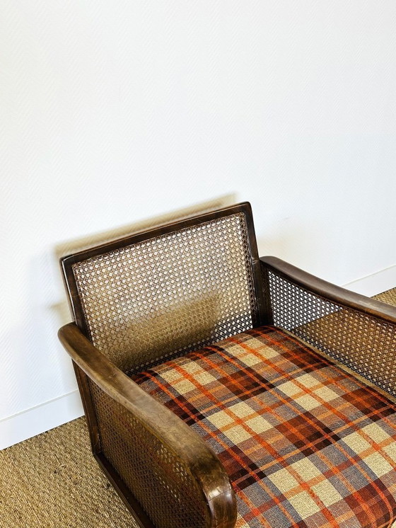 Image 1 of Vintage fauteuil van gebogen hout, rieten frame en geruite stof, 1960