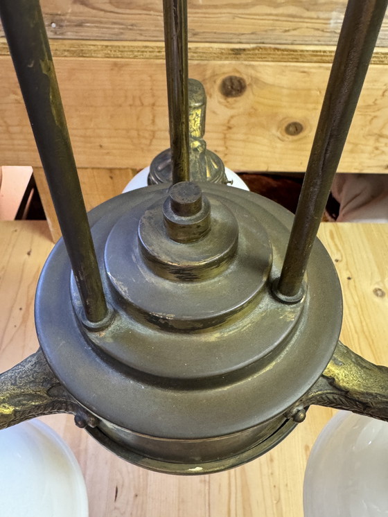 Image 1 of Rare Art Nouveau pendant lamp | 3 perfect original opal glass shades | 1905–1925