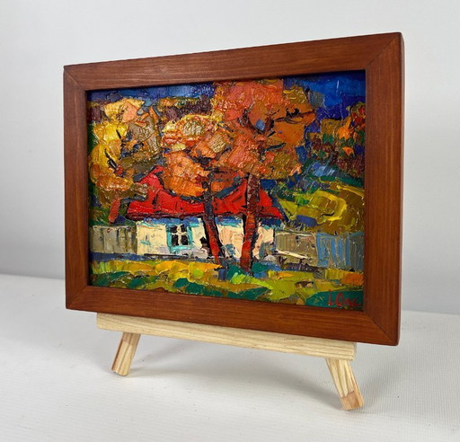 Original Oil Painting Fall Village Landscape Warmth of an autumn day