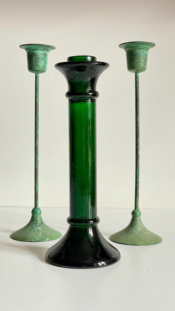 Image 1 of Vintage Glass and Metal Candle Holders Green