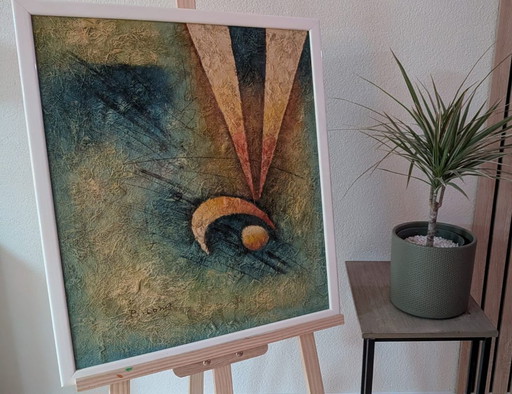 Abstract Mixed-Media Painting – Framed