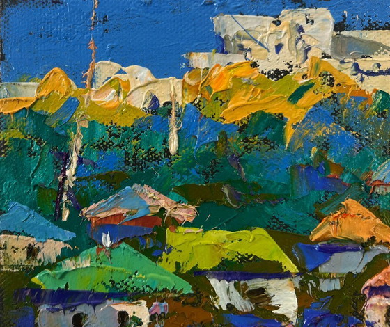 Image 1 of Original Oil Painting Day Village Landscape Spring silence above the pond