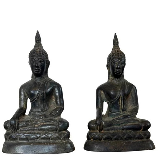 Par Antiguo de Budas de Bronce Tailandeses – Estilo Rattanakosin – c. 1900 – Incluye Núcleo de Fundición