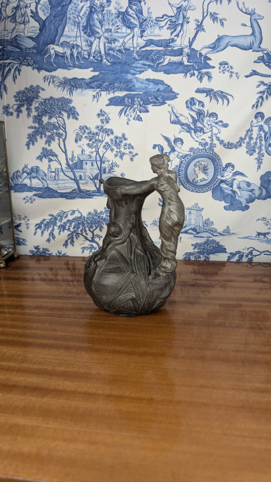 Image 1 of Art Nouveau pewter pitcher with woman and putti design signed Henri Huppé late 19th century
