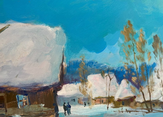Image 1 of Original Oil Painting Winter Village Landscape Village Winter Tale