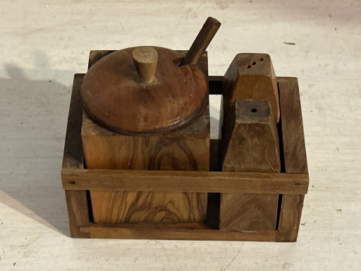 Brutalist wooden condiment set 1950s - mustard, salt and pepper