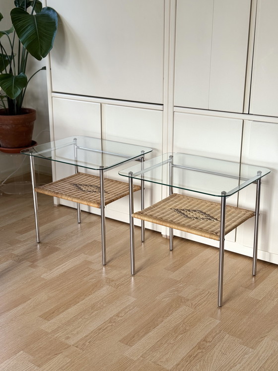 Image 1 of Set of vintage side tables/side tables with chrome, wicker and glass - 1970s
