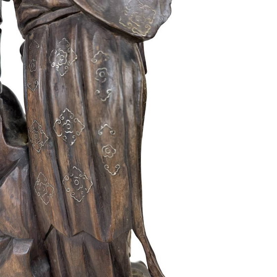 Estatua china antigua "Magu" con incrustaciones de plata - Madera dura - Siglo XIX (43 cm) – Esculturas (photo 13 of 15)