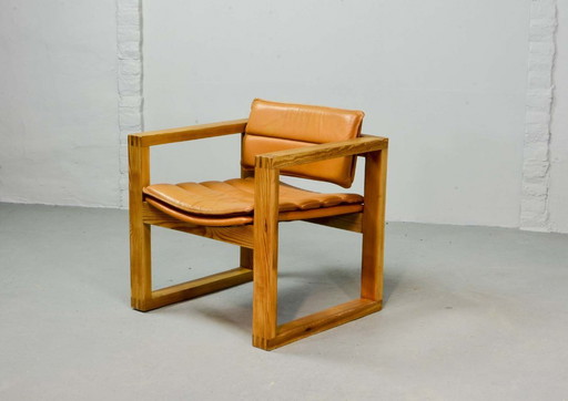 Brutalist Ate van Apeldoorn Dutch Design Cognac Leather Cubic Pinewood Side Chair for Houtwerk Hattem. The Netherlands, 1970s.