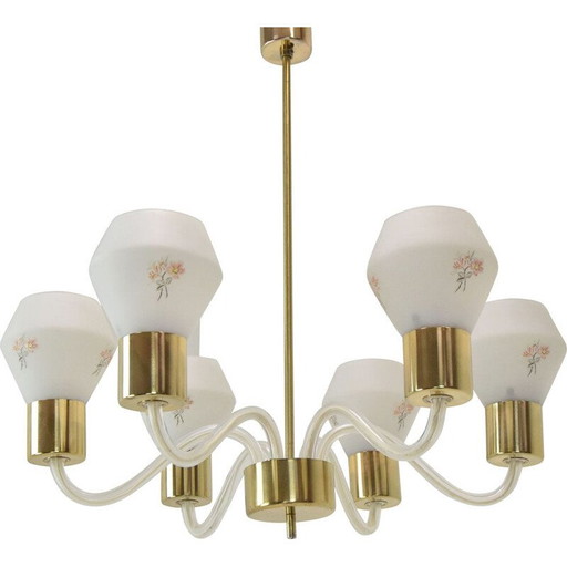 Vintage glass and brass chandelier by Kamenicky Senov, Czechoslovakia 1960