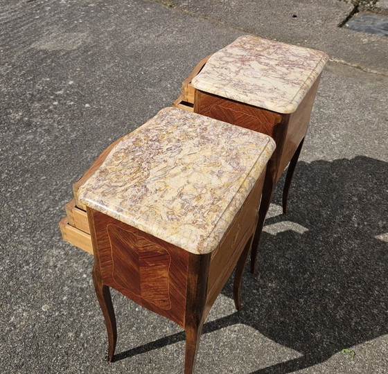 Image 1 of Chateau de Ligny - Pair of 2 French Vintage Marquetry Nightstands-Set of 2 Marble & Wood Bedside Tables-Style Louis XV - 50s